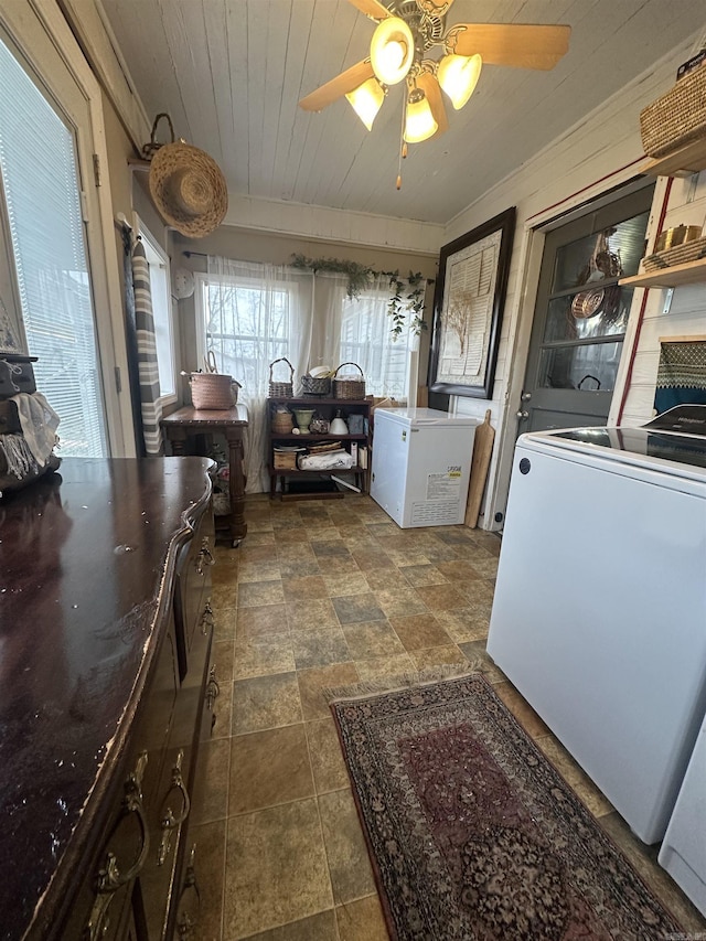 clothes washing area with ceiling fan, wood ceiling, and washer / clothes dryer