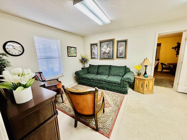 living room with a textured ceiling
