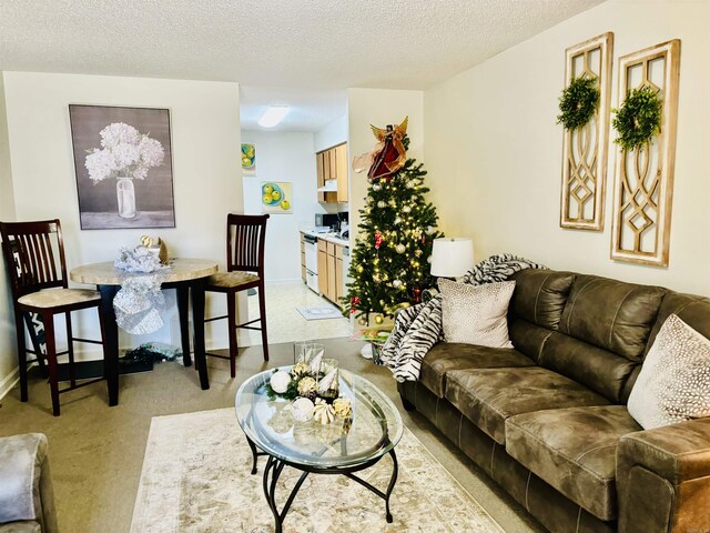 carpeted living room featuring a textured ceiling