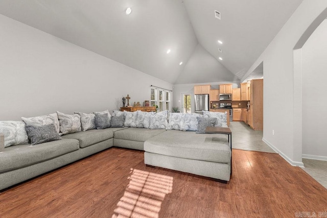 living room featuring high vaulted ceiling and light hardwood / wood-style flooring