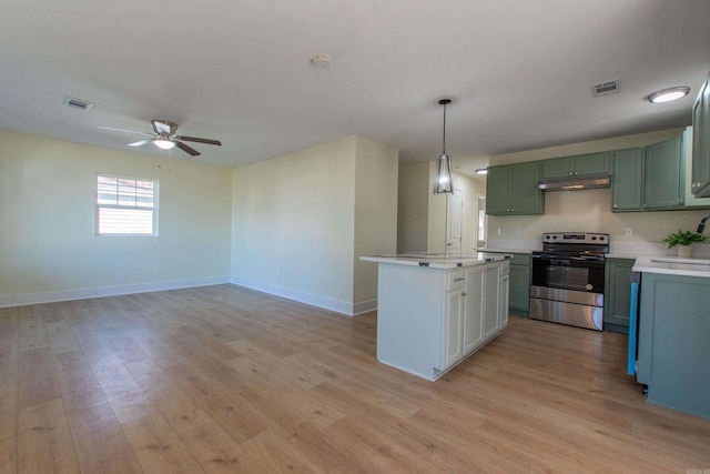 kitchen with ceiling fan, sink, decorative light fixtures, light hardwood / wood-style floors, and stainless steel electric range oven