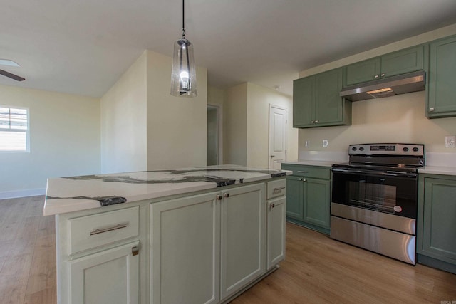 kitchen with ceiling fan, green cabinetry, light hardwood / wood-style floors, hanging light fixtures, and stainless steel range with electric cooktop