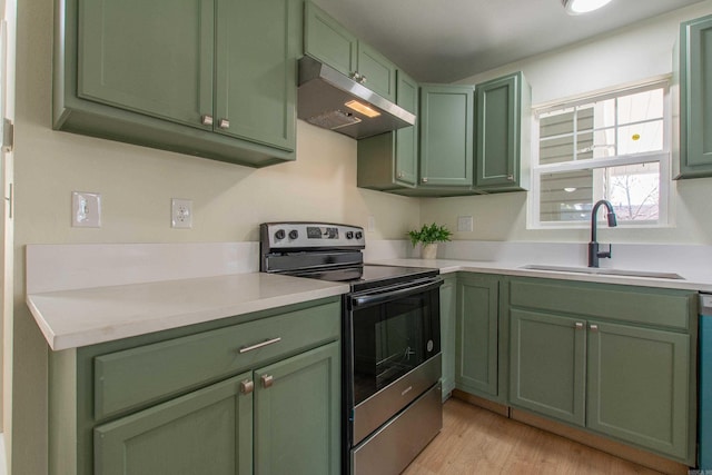 kitchen with green cabinets, sink, and appliances with stainless steel finishes