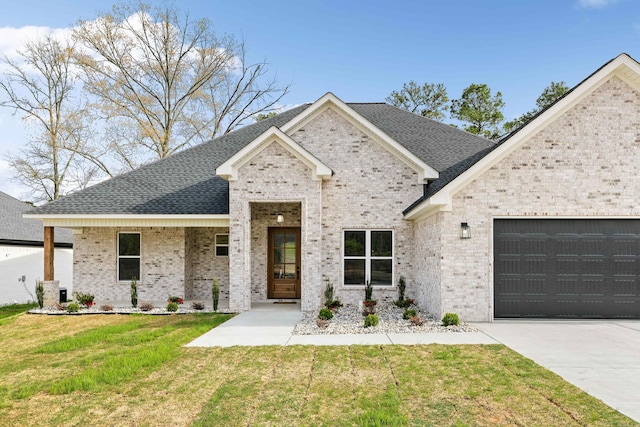 view of front of home featuring a garage and a front lawn