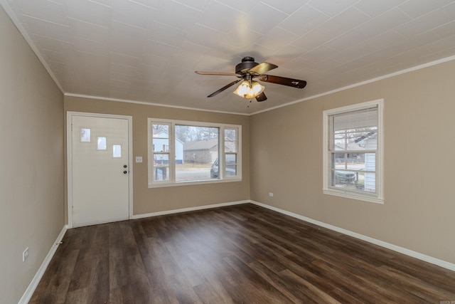 foyer with dark hardwood / wood-style floors, crown molding, ceiling fan, and a healthy amount of sunlight