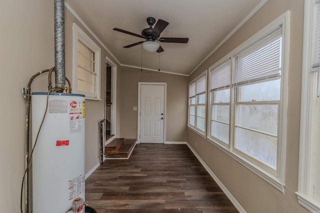 unfurnished sunroom featuring gas water heater, ceiling fan, and lofted ceiling