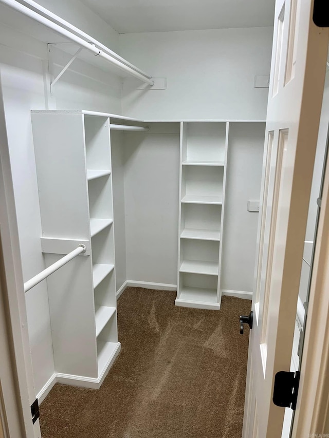 spacious closet featuring dark colored carpet