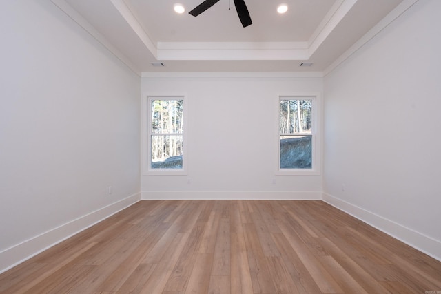 empty room with a tray ceiling, light hardwood / wood-style floors, and a wealth of natural light