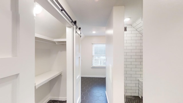 walk in closet featuring a barn door and dark tile patterned floors