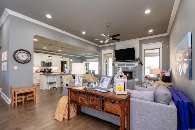 living room with ceiling fan, a healthy amount of sunlight, dark hardwood / wood-style flooring, and a premium fireplace