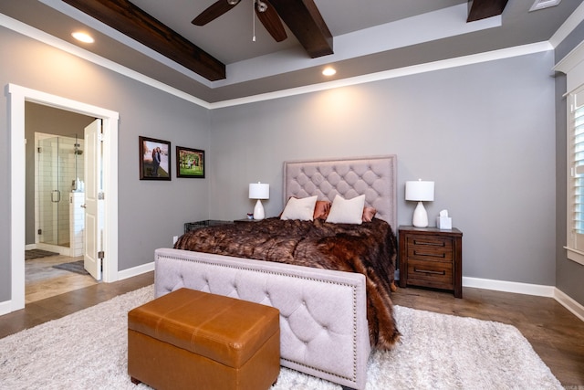 bedroom with beam ceiling, connected bathroom, ceiling fan, crown molding, and hardwood / wood-style floors