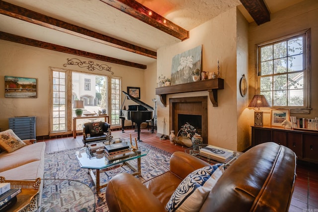 living room with beamed ceiling