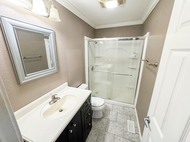 bathroom with a shower with shower door, toilet, tile patterned flooring, ornamental molding, and vanity