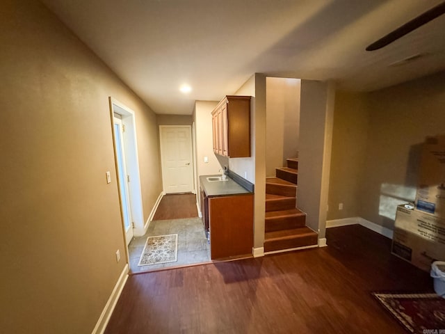 interior space featuring sink and dark hardwood / wood-style flooring