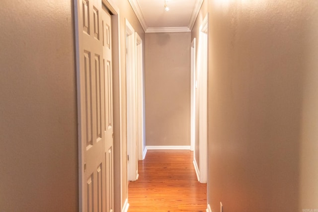 hall with light hardwood / wood-style flooring and ornamental molding