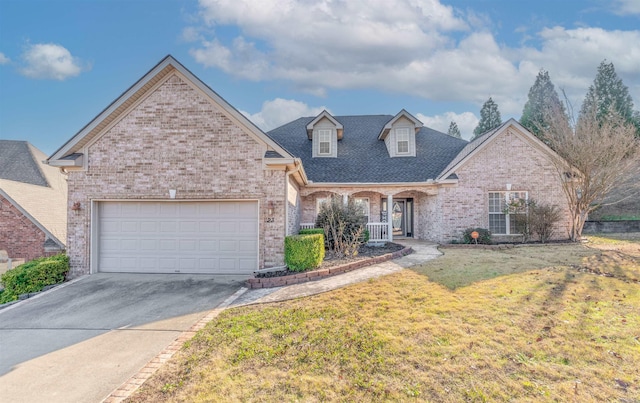 view of front property featuring a front lawn, covered porch, and a garage