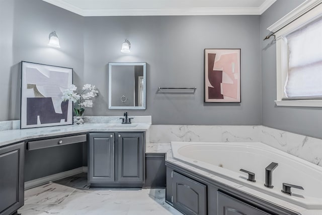 bathroom with crown molding, vanity, and a bath