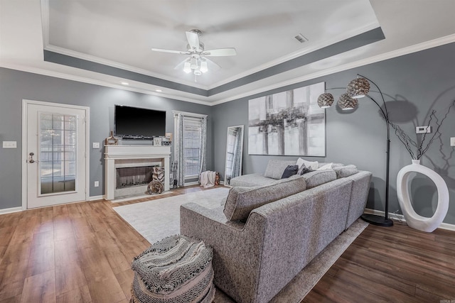 living room with ceiling fan, dark wood-type flooring, and a tray ceiling