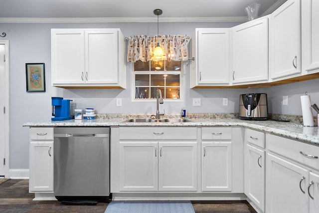 kitchen featuring dishwasher, white cabinets, ornamental molding, and sink