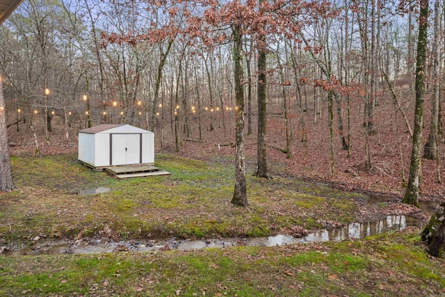 view of yard featuring a storage shed