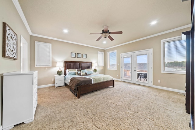 bedroom featuring access to outside, french doors, crown molding, ceiling fan, and light colored carpet