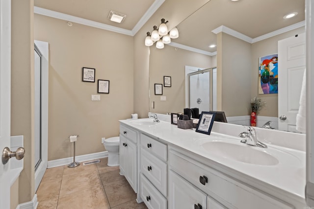 bathroom featuring tile patterned flooring, vanity, an enclosed shower, and ornamental molding