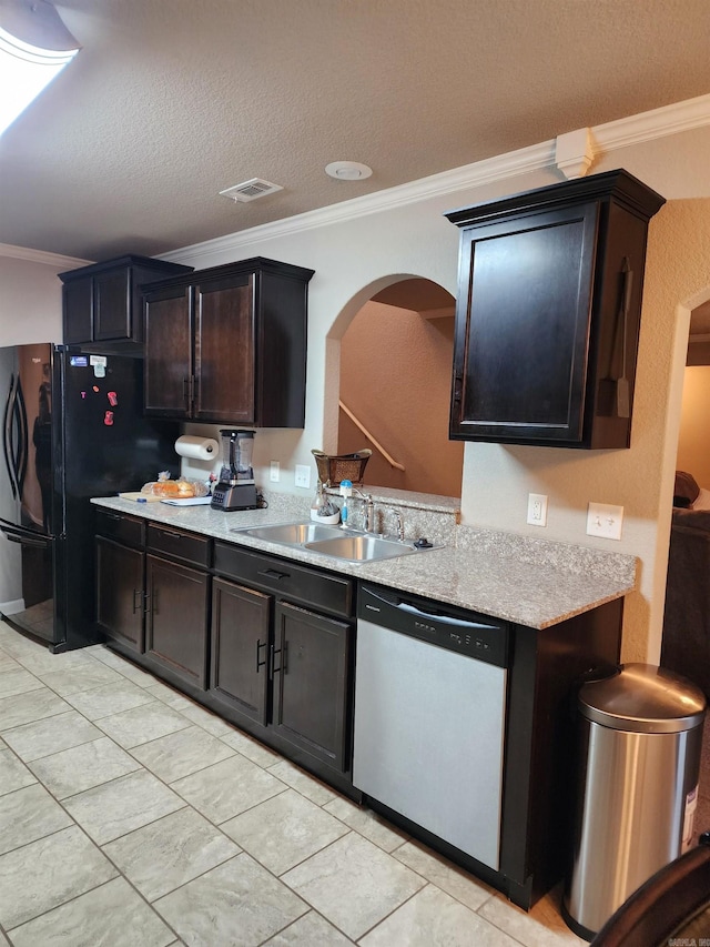 kitchen with stainless steel dishwasher, dark brown cabinets, sink, and crown molding