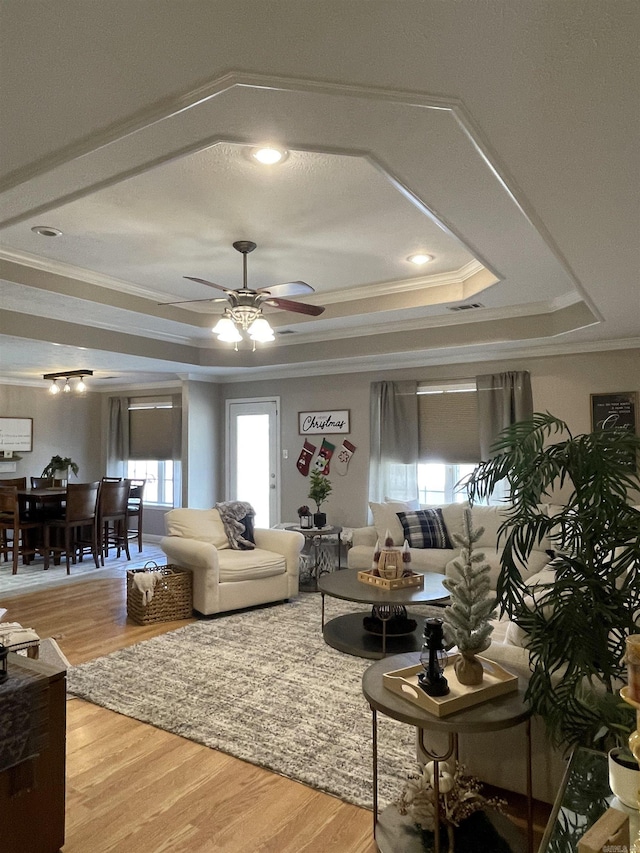 living room featuring a raised ceiling, crown molding, ceiling fan, and wood-type flooring