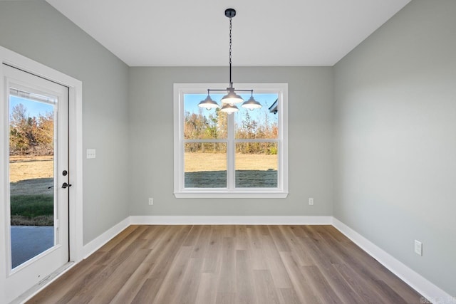 unfurnished dining area with a chandelier and wood-type flooring