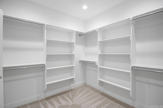 walk in closet with light carpet