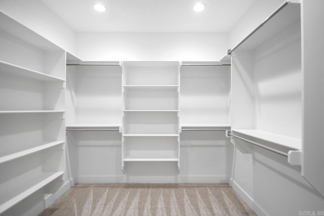 walk in closet with light carpet