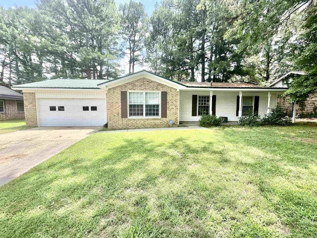 ranch-style home with a porch, a garage, and a front lawn