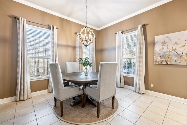 dining area featuring light tile patterned floors, an inviting chandelier, and ornamental molding