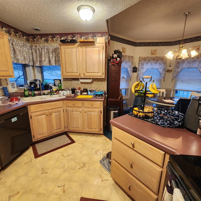 kitchen with a textured ceiling, sink, black appliances, light brown cabinets, and an inviting chandelier