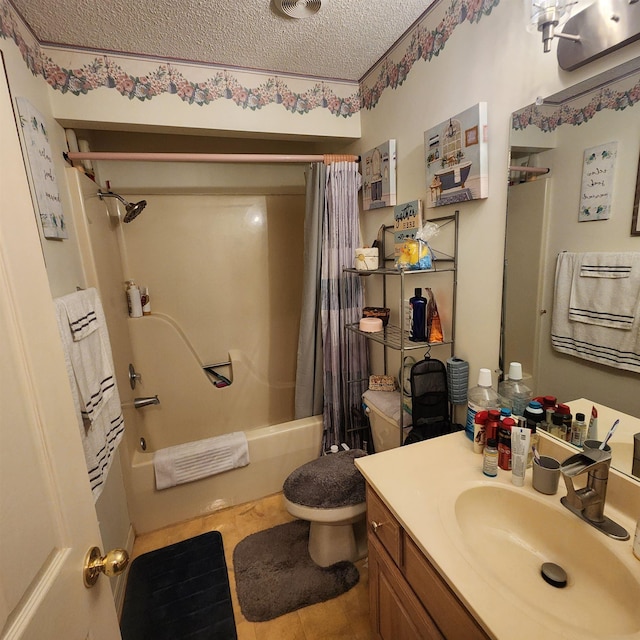 full bathroom with vanity, shower / tub combo, a textured ceiling, and toilet