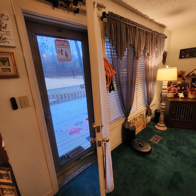 doorway with carpet flooring and a textured ceiling