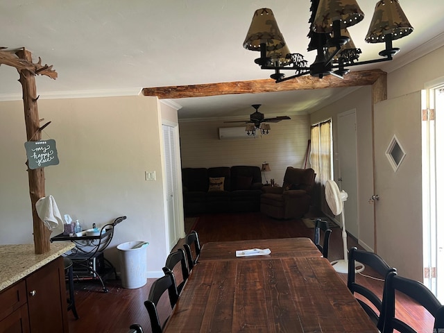 dining space featuring ceiling fan, dark hardwood / wood-style floors, and crown molding
