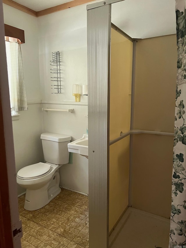 bathroom with a shower with shower curtain and toilet
