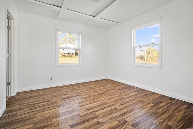 unfurnished room featuring beam ceiling, dark hardwood / wood-style flooring, and coffered ceiling