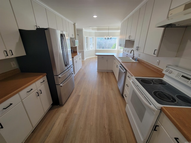 kitchen featuring sink, white cabinets, hanging light fixtures, and appliances with stainless steel finishes