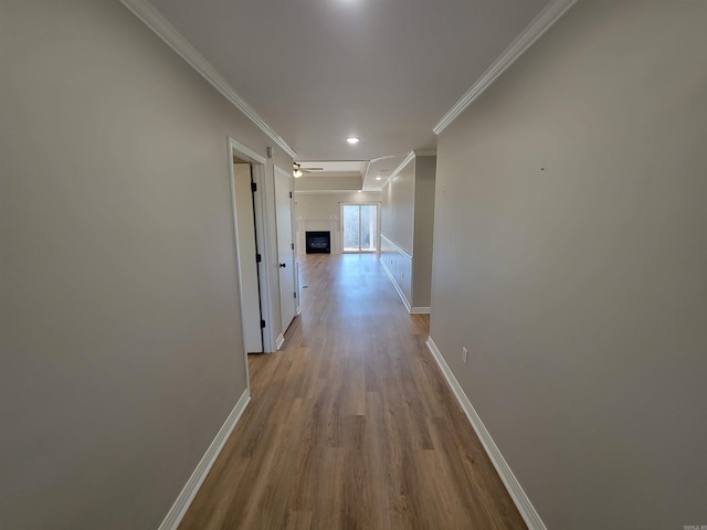 hallway featuring light hardwood / wood-style floors and ornamental molding