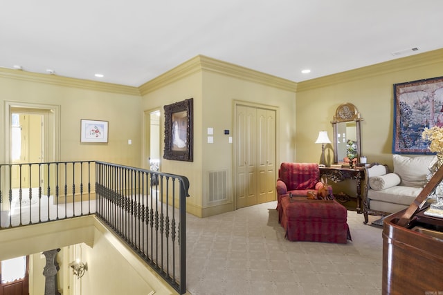 living room with crown molding