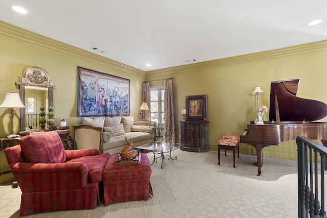 living room with crown molding and light carpet