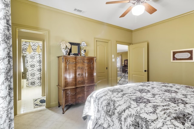 bedroom featuring ceiling fan and ornamental molding