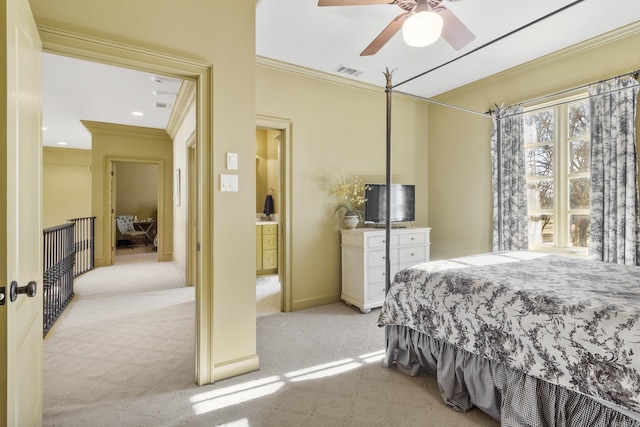 bedroom with light carpet, ceiling fan, and crown molding