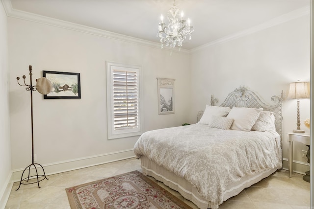 tiled bedroom with ornamental molding and an inviting chandelier