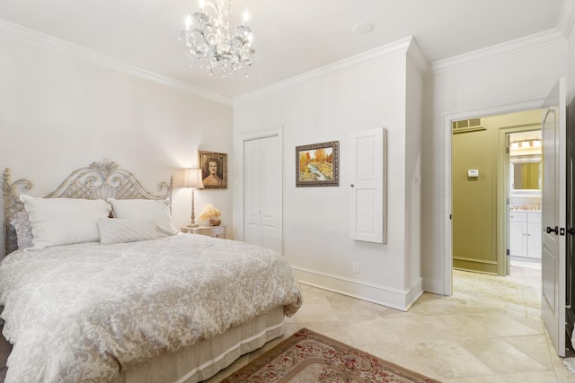 bedroom featuring a notable chandelier, ornamental molding, and a closet