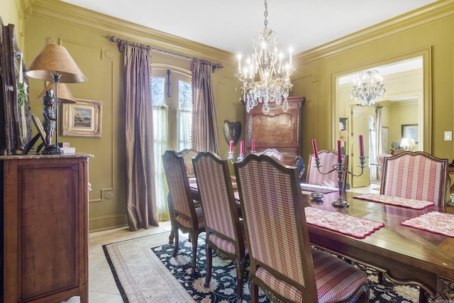 dining room with crown molding, light tile patterned floors, and a chandelier