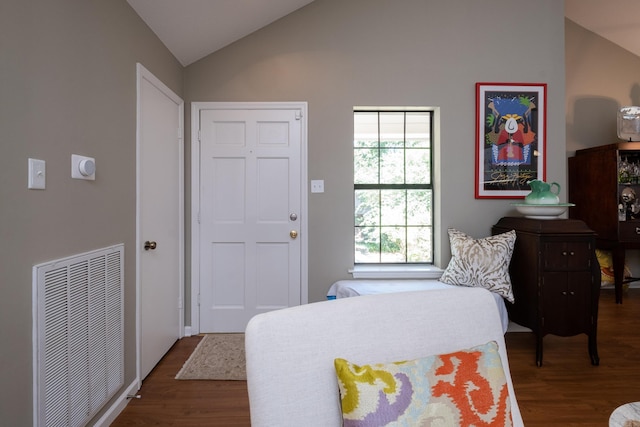 bedroom with vaulted ceiling, dark wood-type flooring, and multiple windows