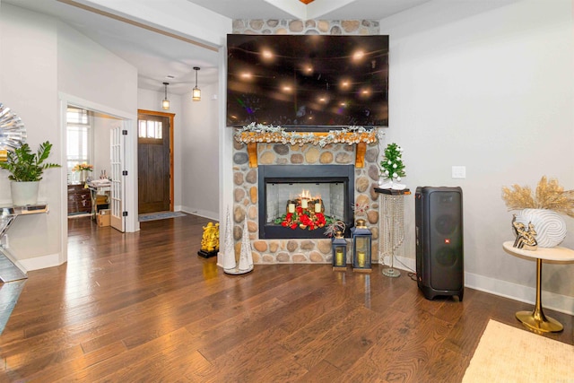 living room featuring a stone fireplace and wood-type flooring